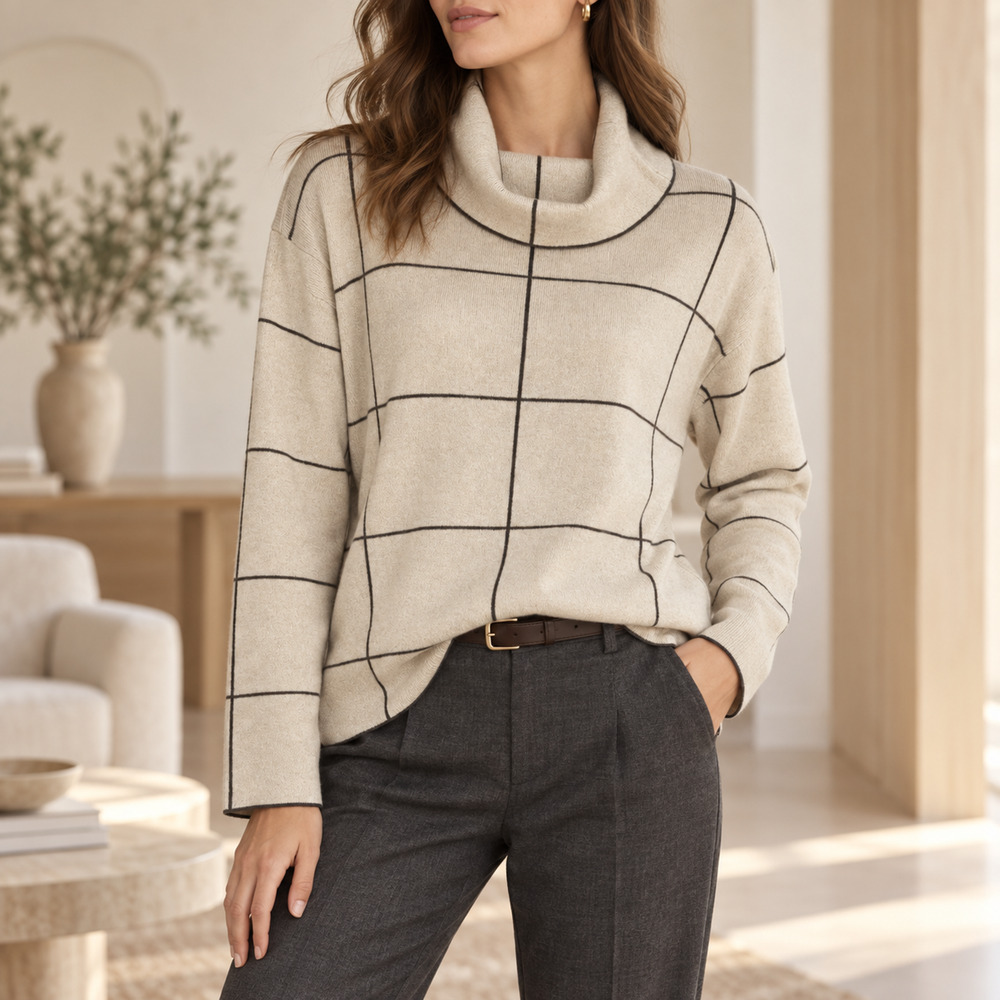Betty Barclay Women's EU 38 Beige Gray Windowpane Cowl Neck Sweater NWT